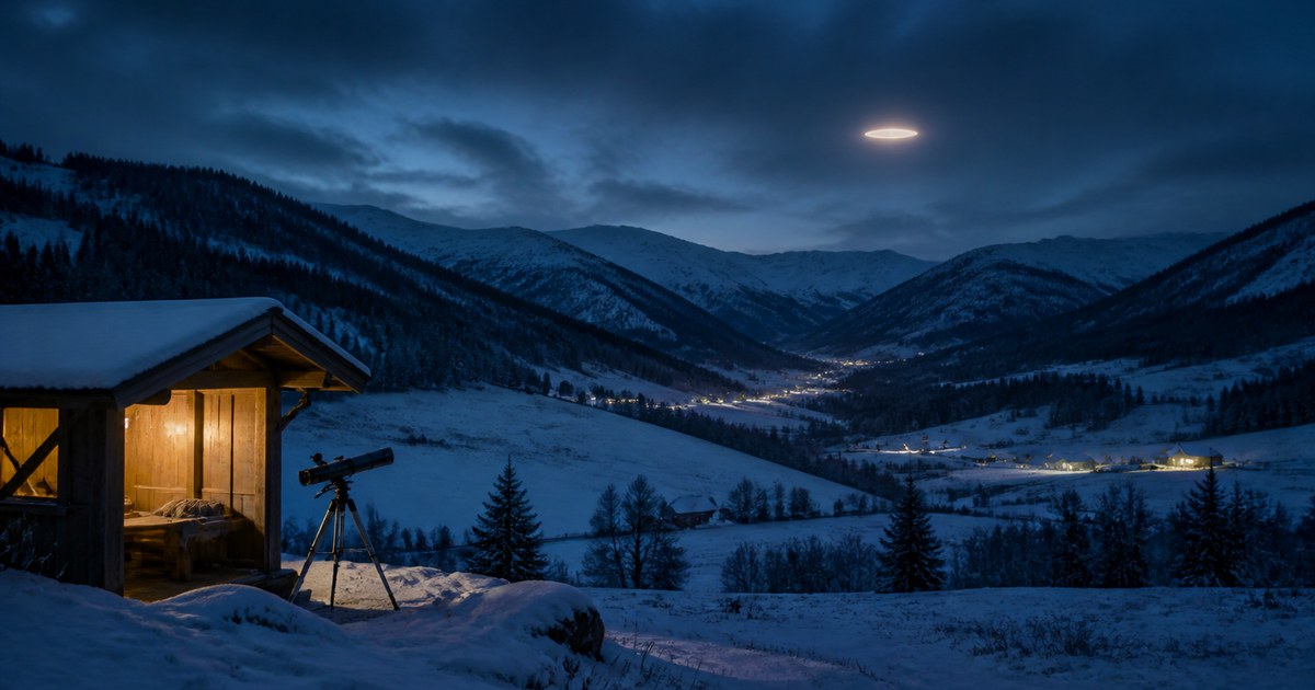 Editorial illustration of a luminous UFO above snowy Hessdalen valley in Norway