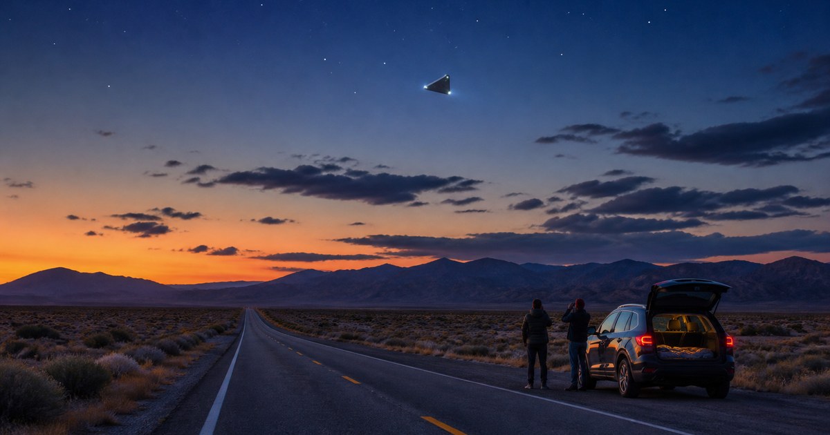 Editorial illustration of a triangular UFO above a desert highway near Rachel, Nevada