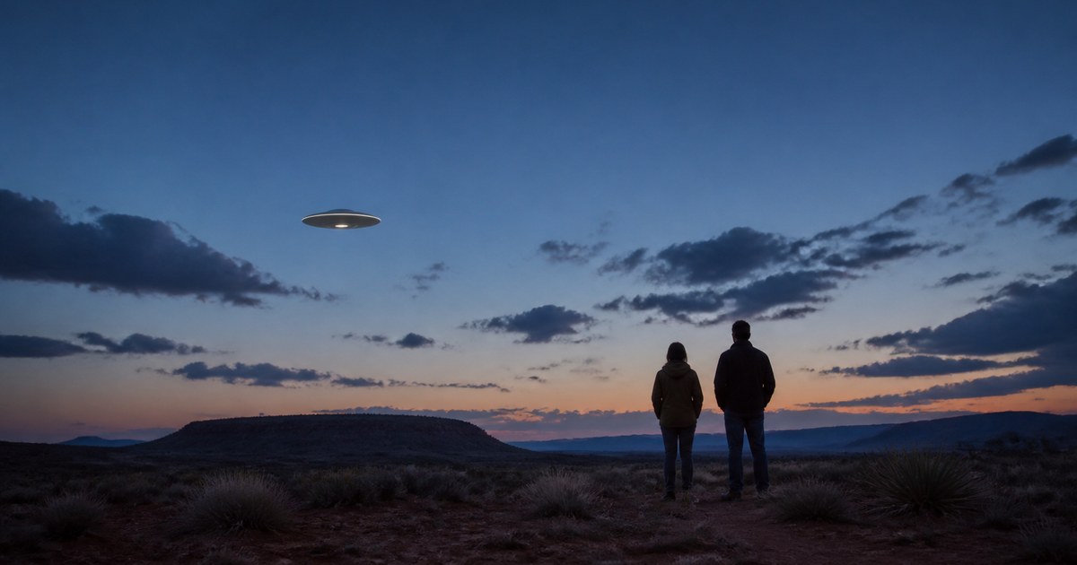 Editorial illustration of a disc-shaped UFO above the desert near Roswell, New Mexico