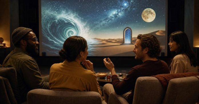 Spiritual Themes in Popular Movies Diverse friends discussing symbolic scenes after watching a movie