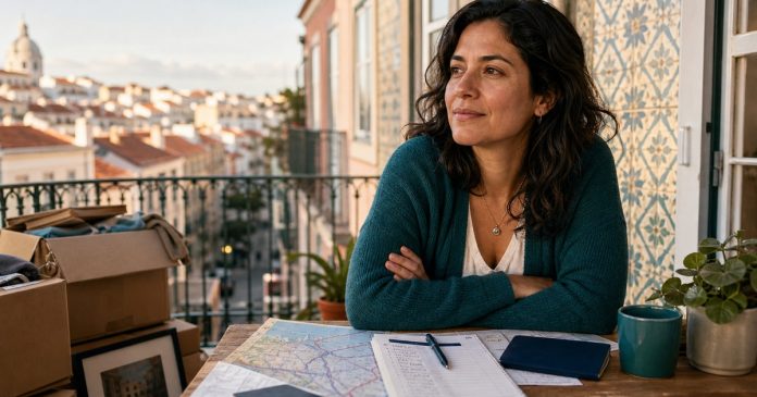 Woman planning a practical move to Lisbon from a new apartment balcony