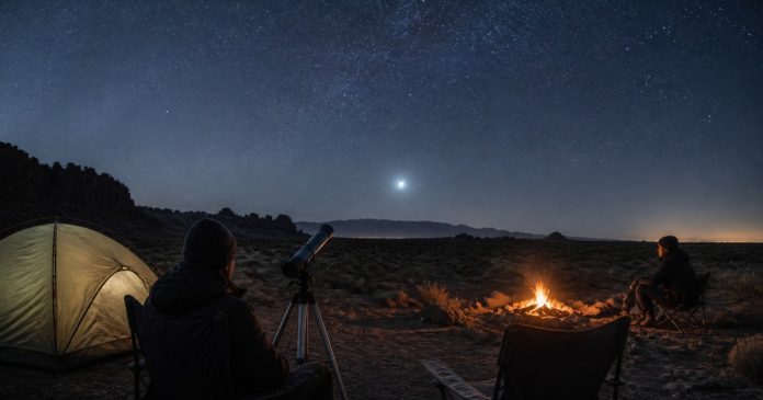 Travelers camping beneath a starry desert sky with a distant ambiguous light