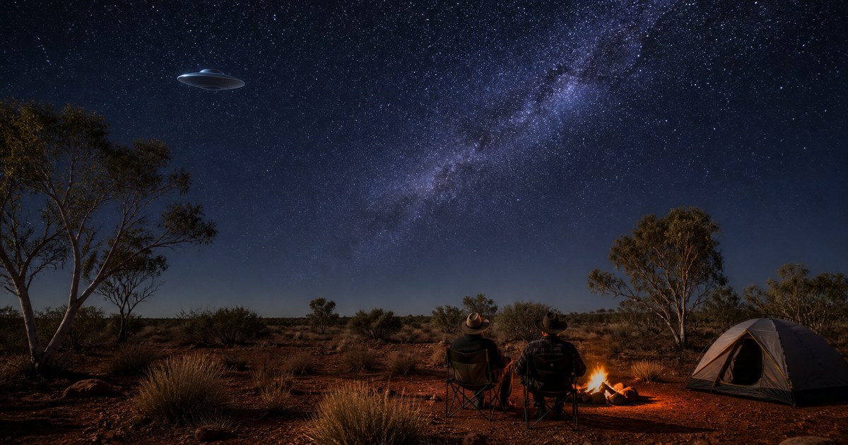 Editorial illustration of a disc-shaped UFO above the Australian outback near Wycliffe Well