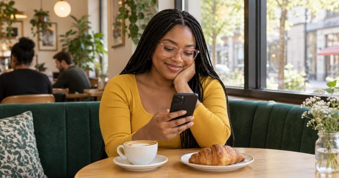 celebrity-fans-distinct-model-20261014 Woman enjoying a story on her phone while seated in a bright cafe.